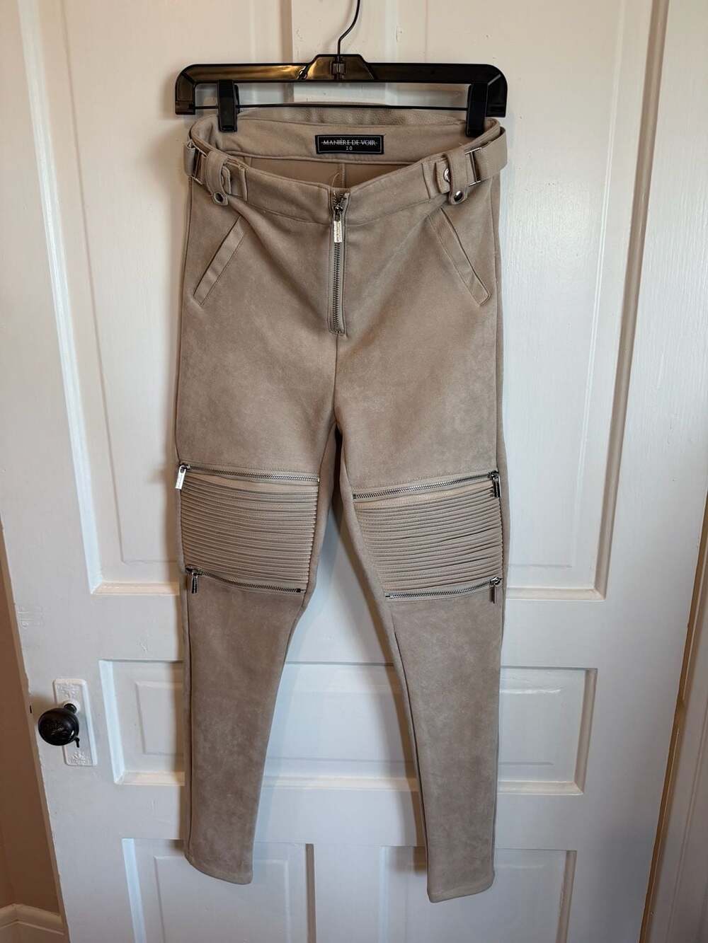 Maniere De Voir Biker Pants Size 10 Ribbed Vegan Suede Leggings Beige